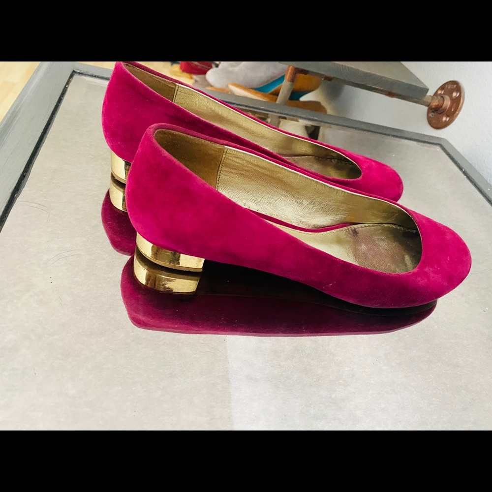 Elaine Turner Gold Heel, Pink Suede Flats